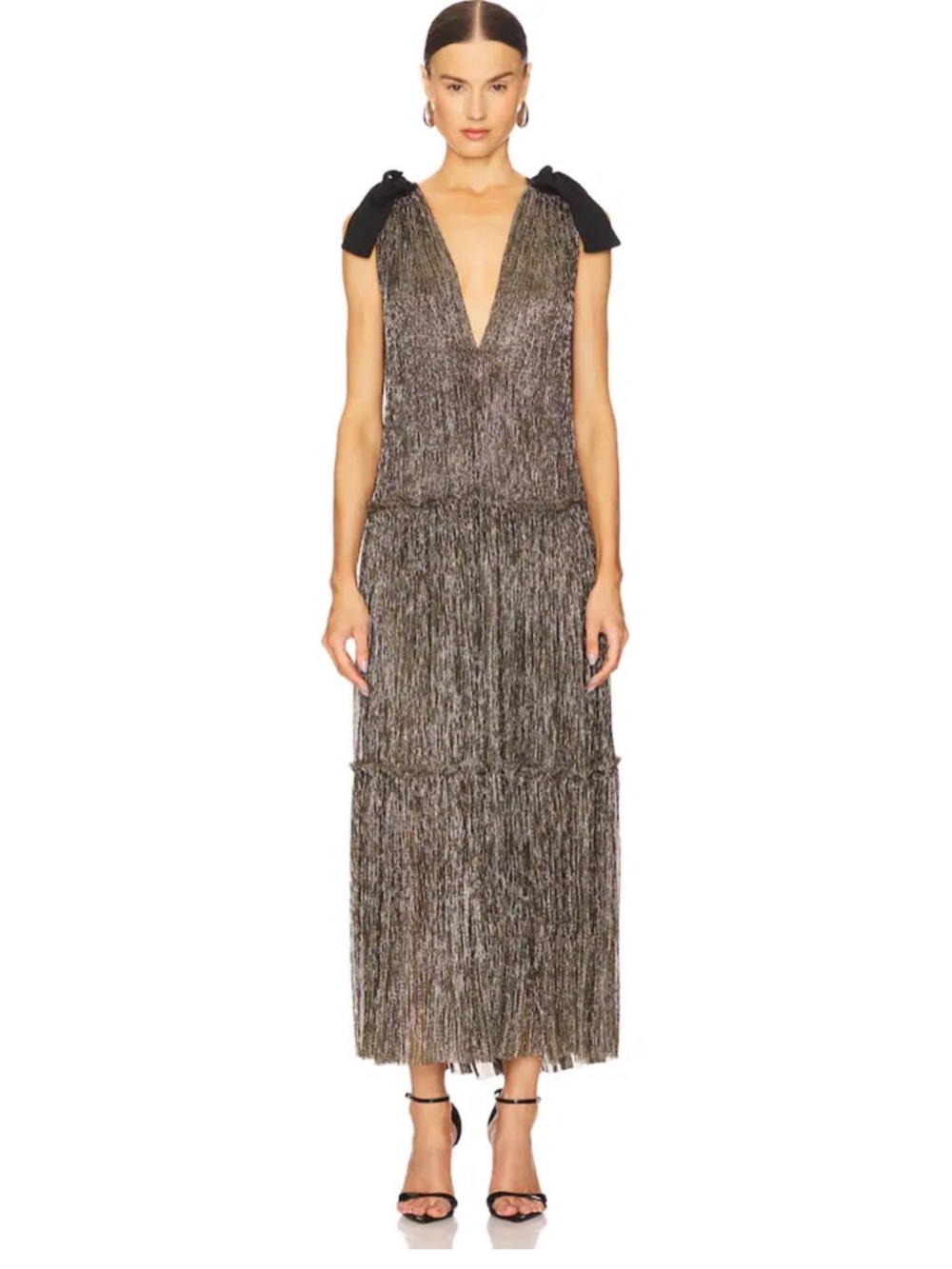 Sabina Musayev Metallic Fringe V-Neck with Shoulder Bows Ray Dress in Gold Sz Md